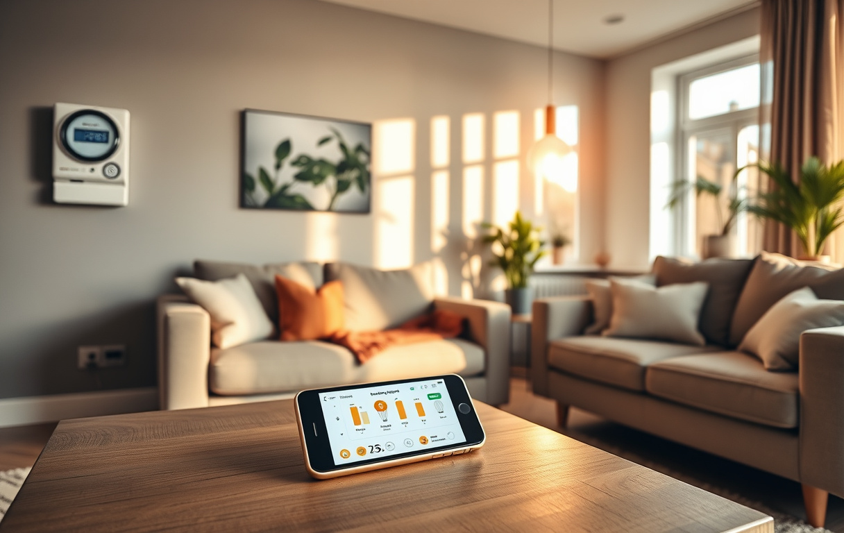 En person som håller en smartphone med ett elavtal framför en elmätare i en ljus lägenhet.